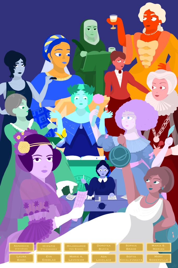 Affiche avec douze femmes scientifiques d'Europe, de l'Antiquité au XIXème siècle