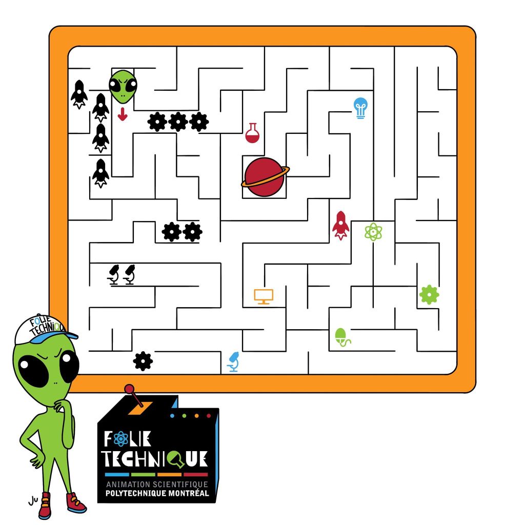 Illustration avec un labyrinthe et extraterrestre qui essaie de retourner sur sa planète